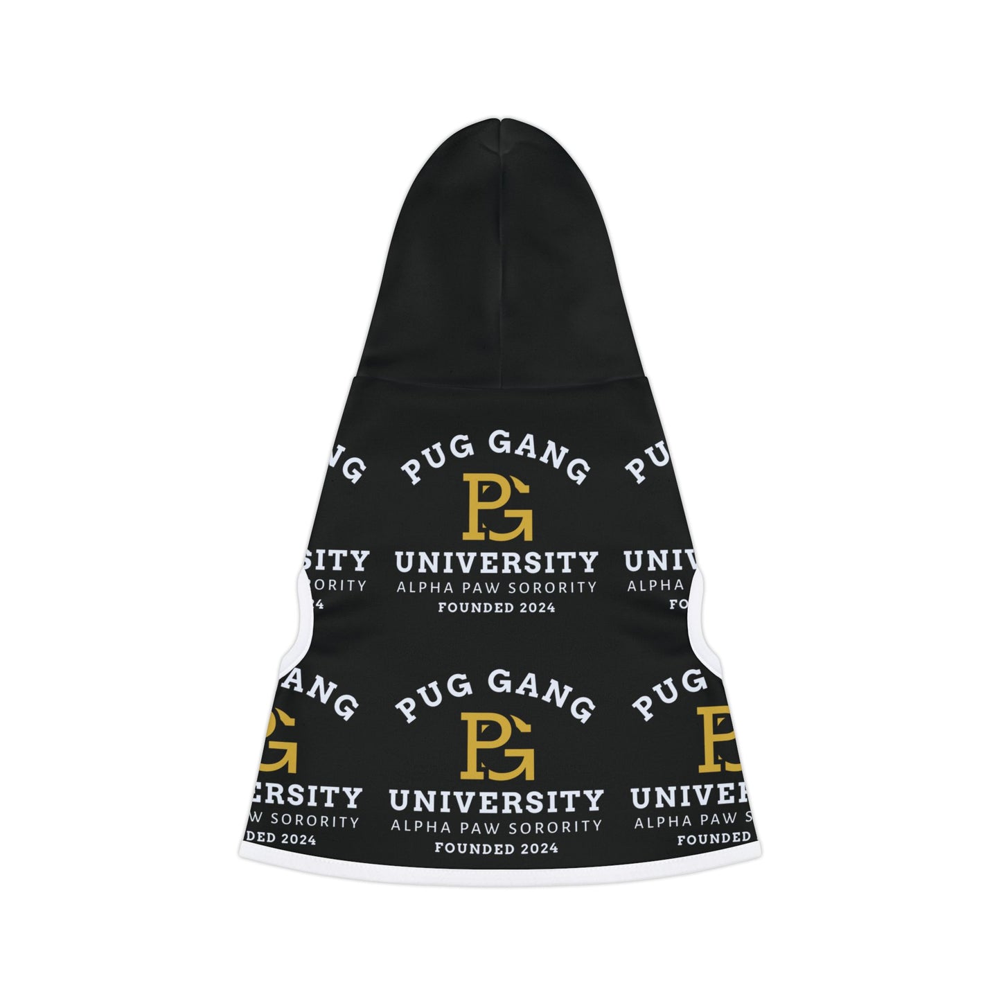 Pug Gang University Pet Hoodie — Black Campus-Style Dog Hoodie