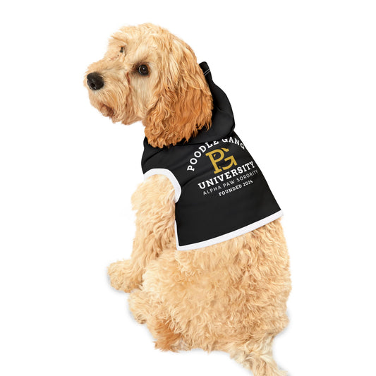 Poodle Gang University Pet Hoodie — Black Dog Hoodie with 'Poodle Gang University' Alpha Paw Sorority Design