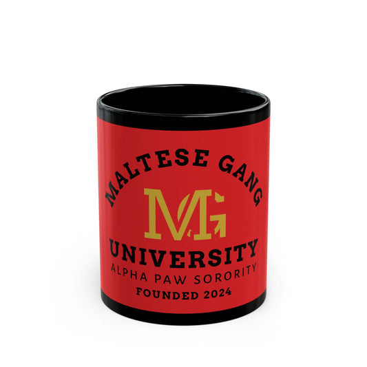 Holiday Maltese Gang University Mug — 'Alpha Paw Sorority' Black Ceramic Coffee Cup (11oz/15oz)