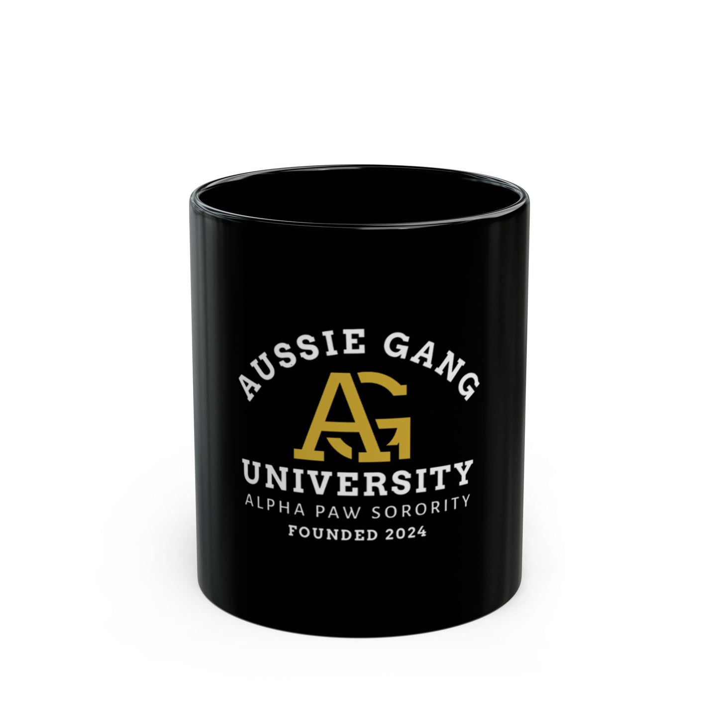 Aussie Gang University Black Coffee Mug — 'Alpha Paw Sorority' College Crest 11oz/15oz