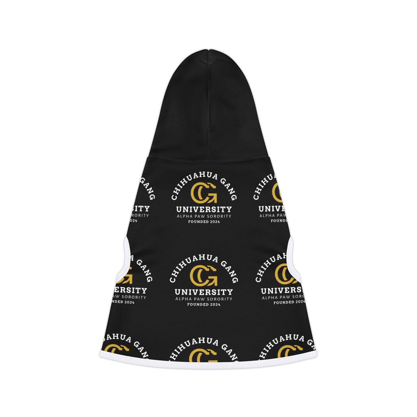 Chihuahua Gang University Pet Hoodie — Black Dog Hoodie with Logo Print