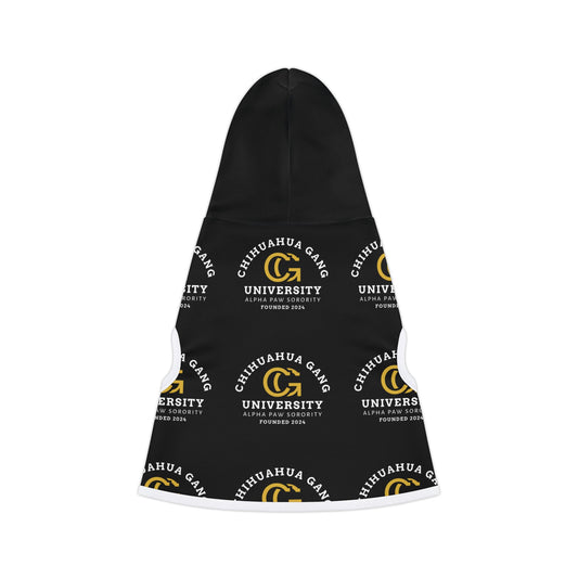 Chihuahua Gang University Pet Hoodie — Black Dog Hoodie with Logo Print