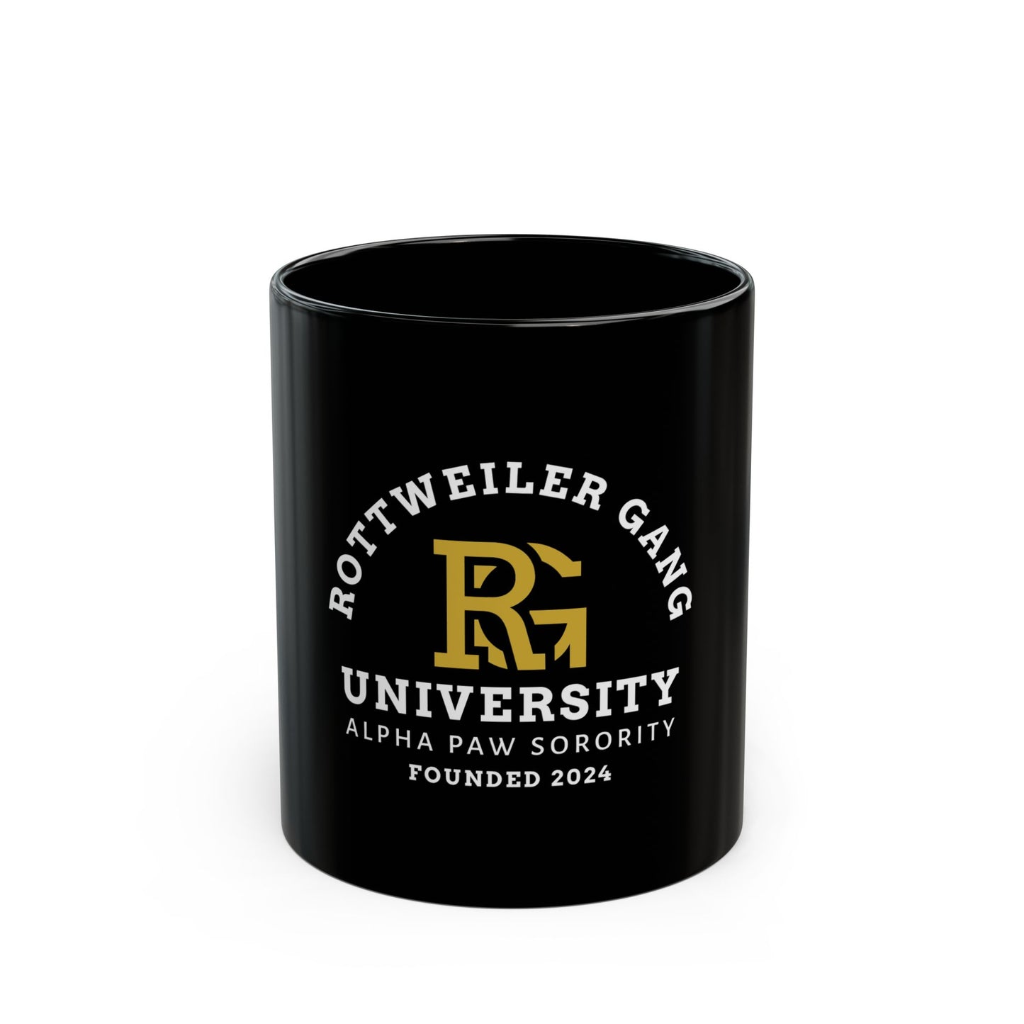 Rottweiler Gang University Coffee Mug — 'Alpha Paw Sorority' Black Ceramic Mug (11oz/15oz)
