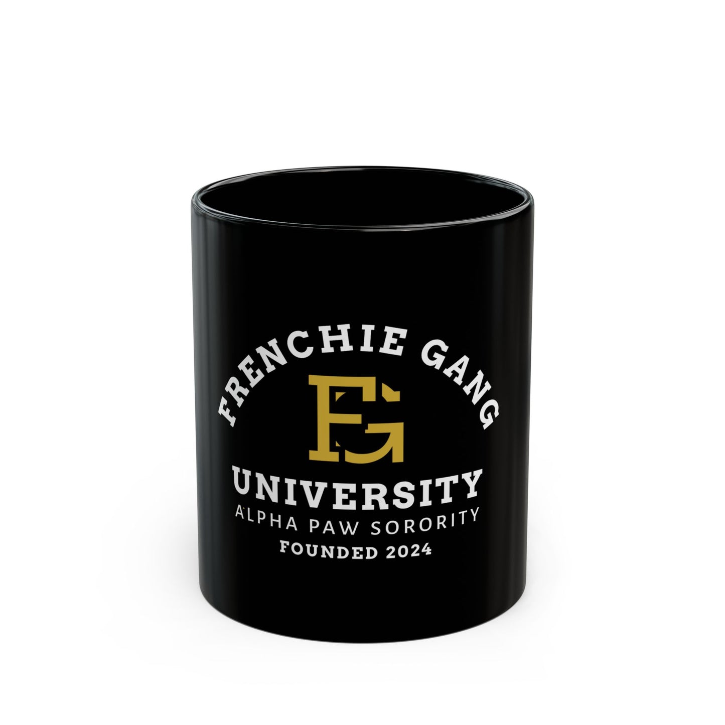 Frenchie Gang University Mug — 'Alpha Paw Sorority' Black Ceramic Coffee Cup