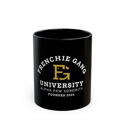 Frenchie Gang University Mug — 'Alpha Paw Sorority' Black Ceramic Coffee Cup