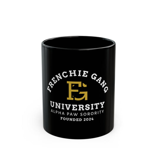 Frenchie Gang University Mug — 'Alpha Paw Sorority' Black Ceramic Coffee Cup