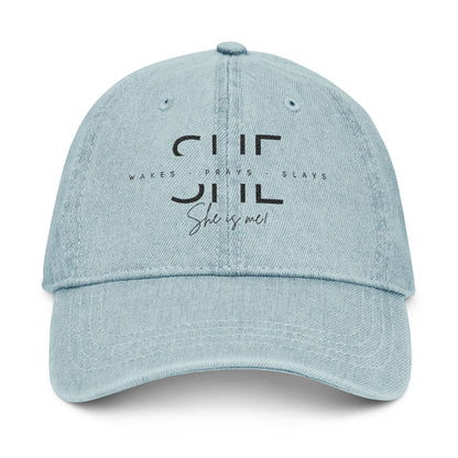 Empowering Denim Hat – "She is Me" Embroidered Cap for Confident Women