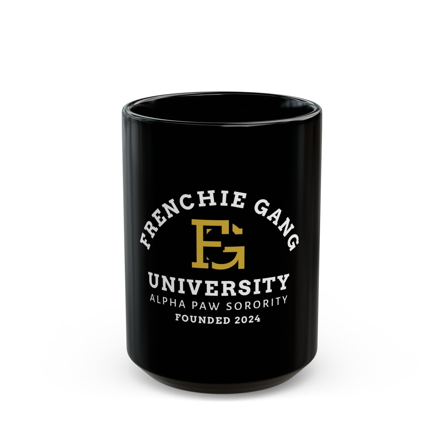Frenchie Gang University Mug — 'Alpha Paw Sorority' Black Ceramic Coffee Cup