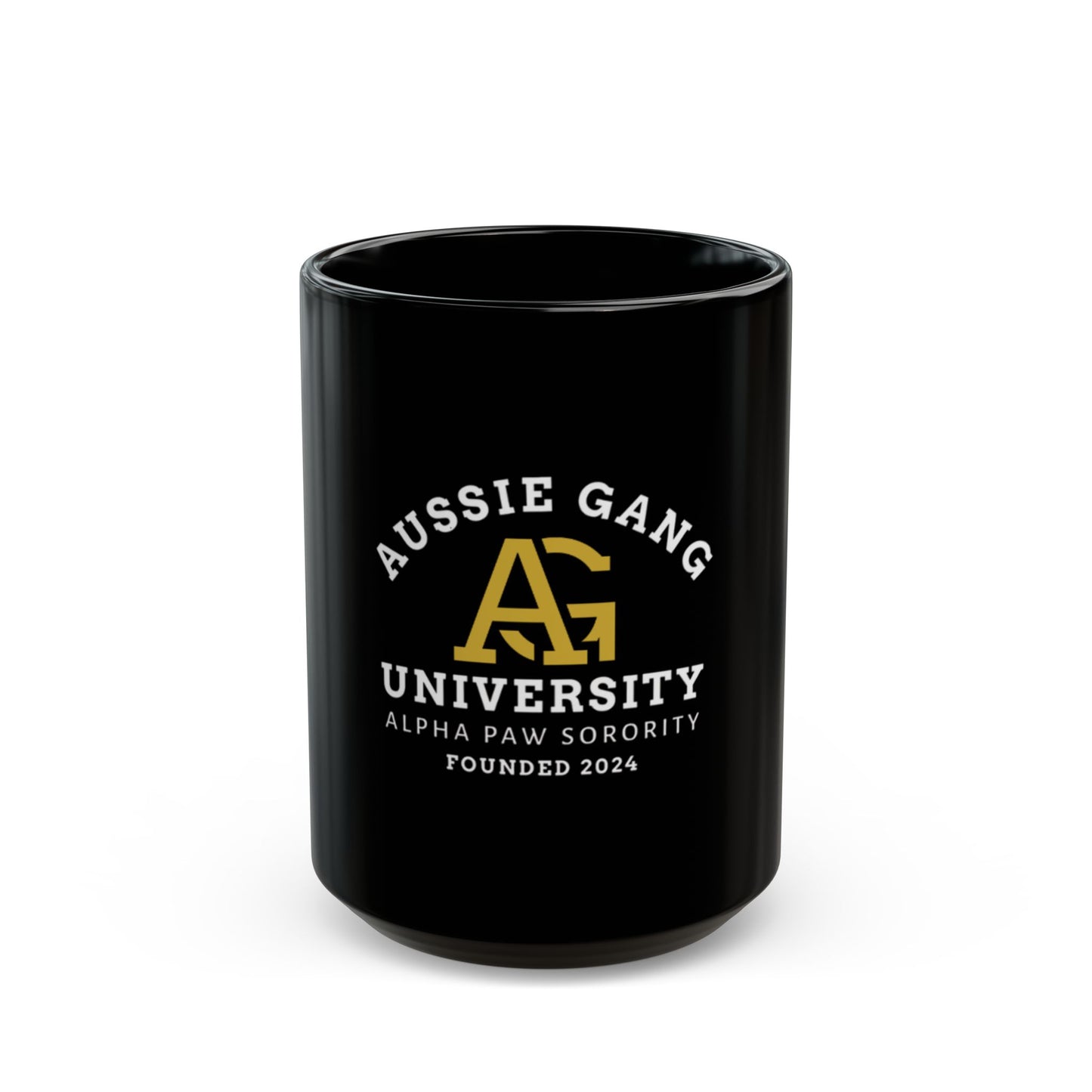 Aussie Gang University Black Coffee Mug — 'Alpha Paw Sorority' College Crest 11oz/15oz