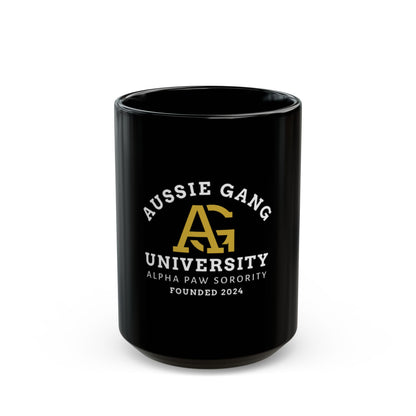 Aussie Gang University Black Coffee Mug — 'Alpha Paw Sorority' College Crest 11oz/15oz