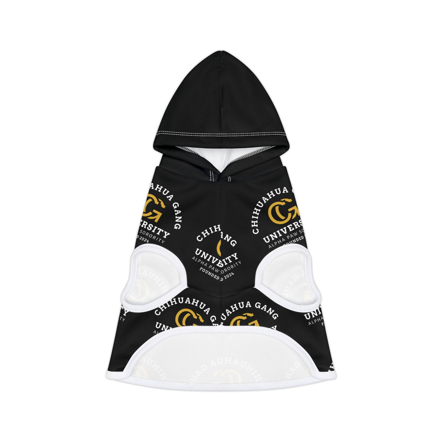 Chihuahua Gang University Pet Hoodie — Black Dog Hoodie with Logo Print
